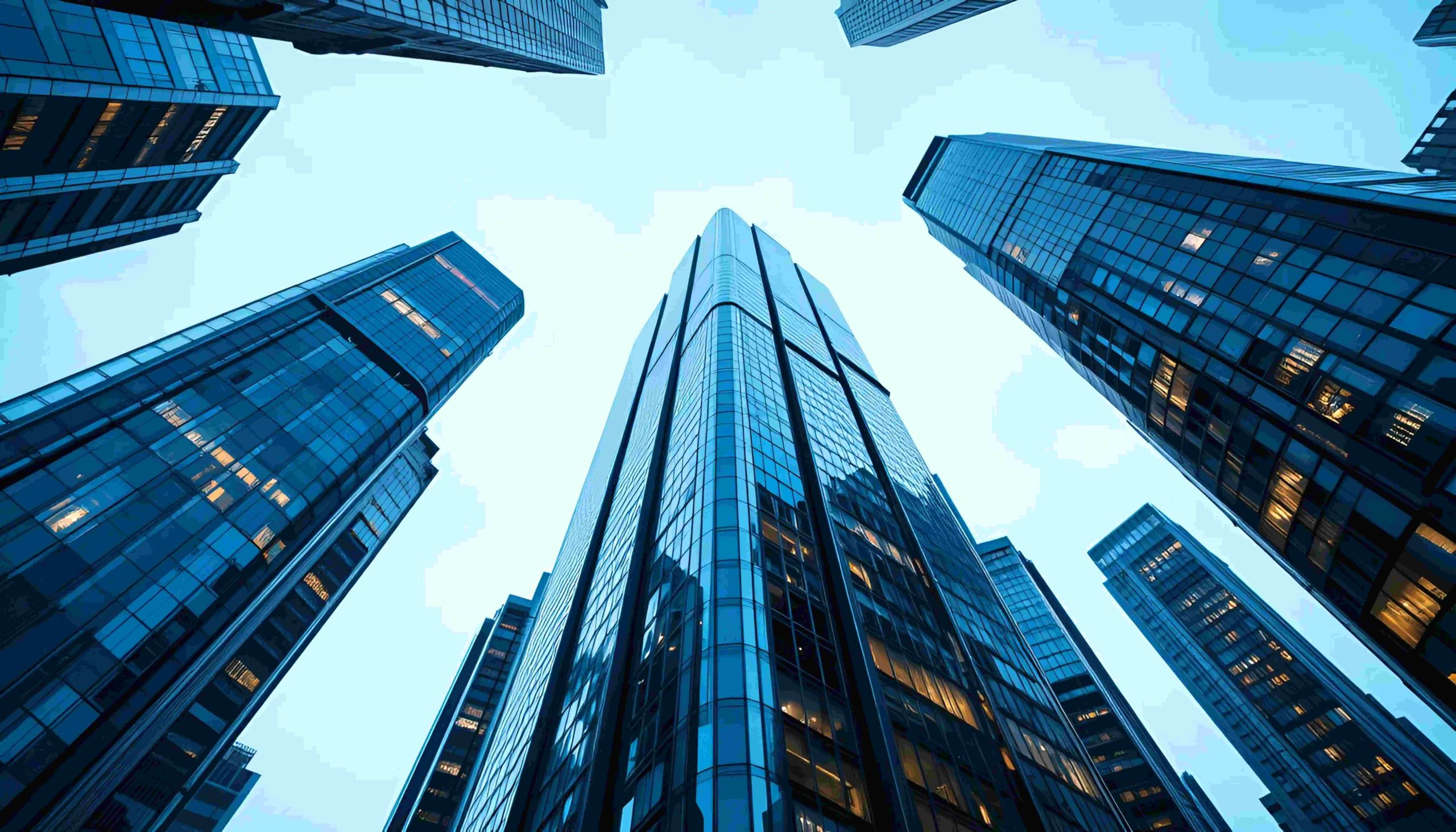 Low angle view of modern skyscrapers in an urban, modern office building with blue sky
